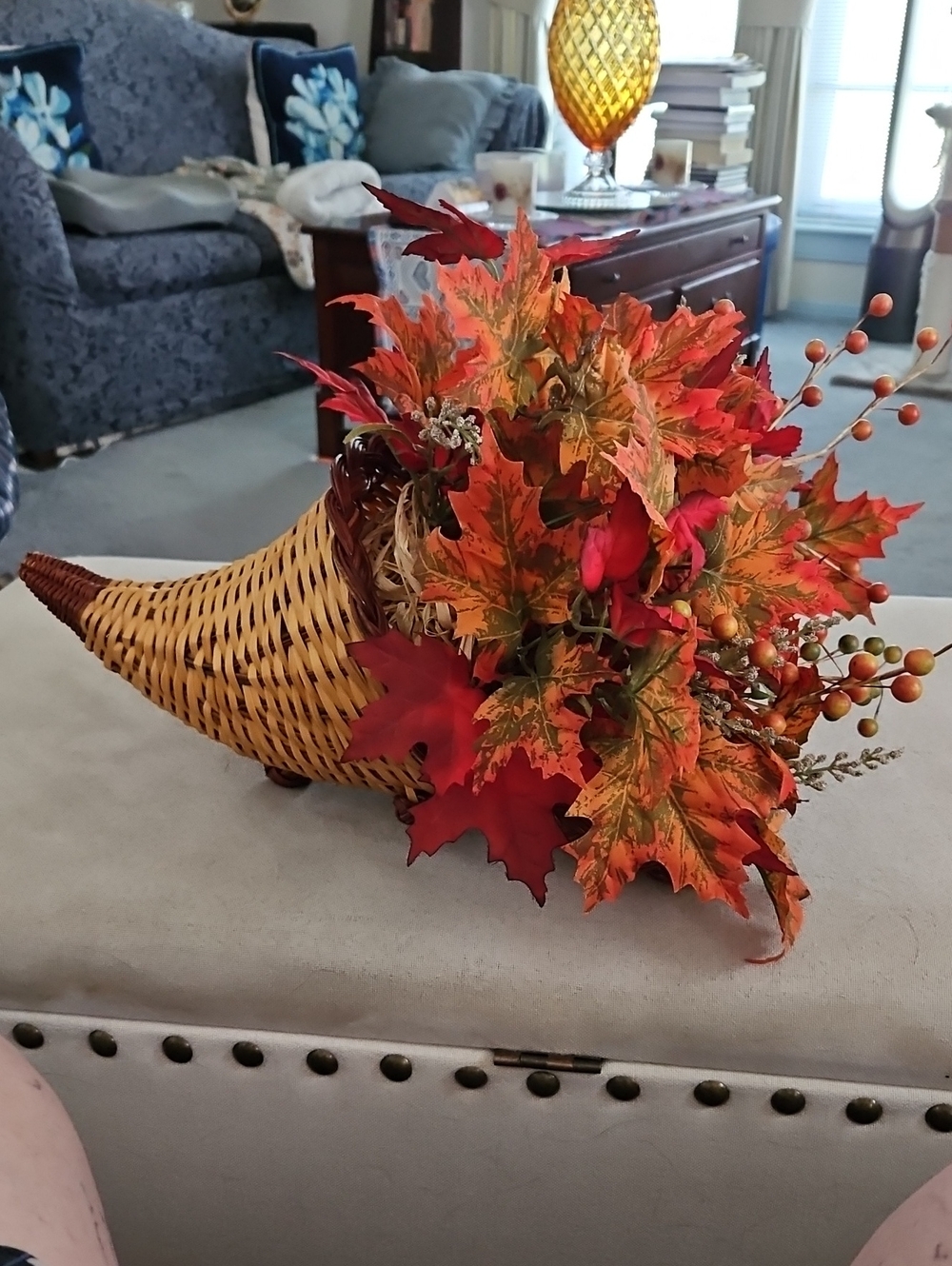 Autumn Cornucopia Basket with Orange & Red Foliage
